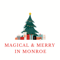 Magical & Merry Logo - Christmas Trees with Presents and words 
